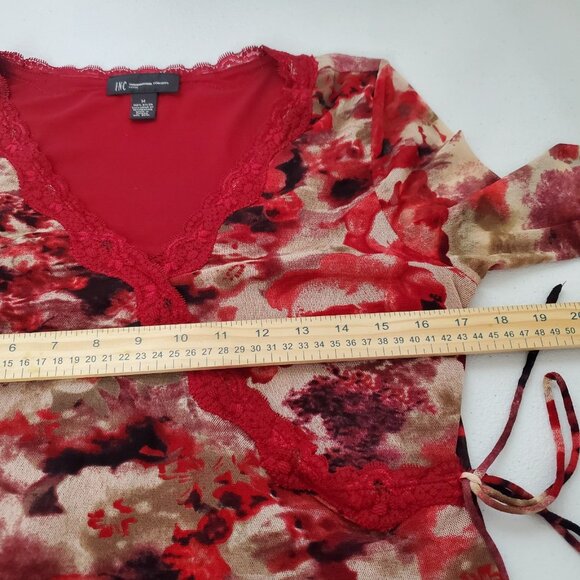 INC Womens Red Floral Lace Trim Side Tie Blouse Size M V Neck Whimsigoth Y2K - Picture 6 of 8